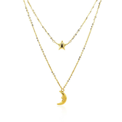 14k Yellow Gold Double-Strand Chain Necklace with Puff Moon and Star Bids.com