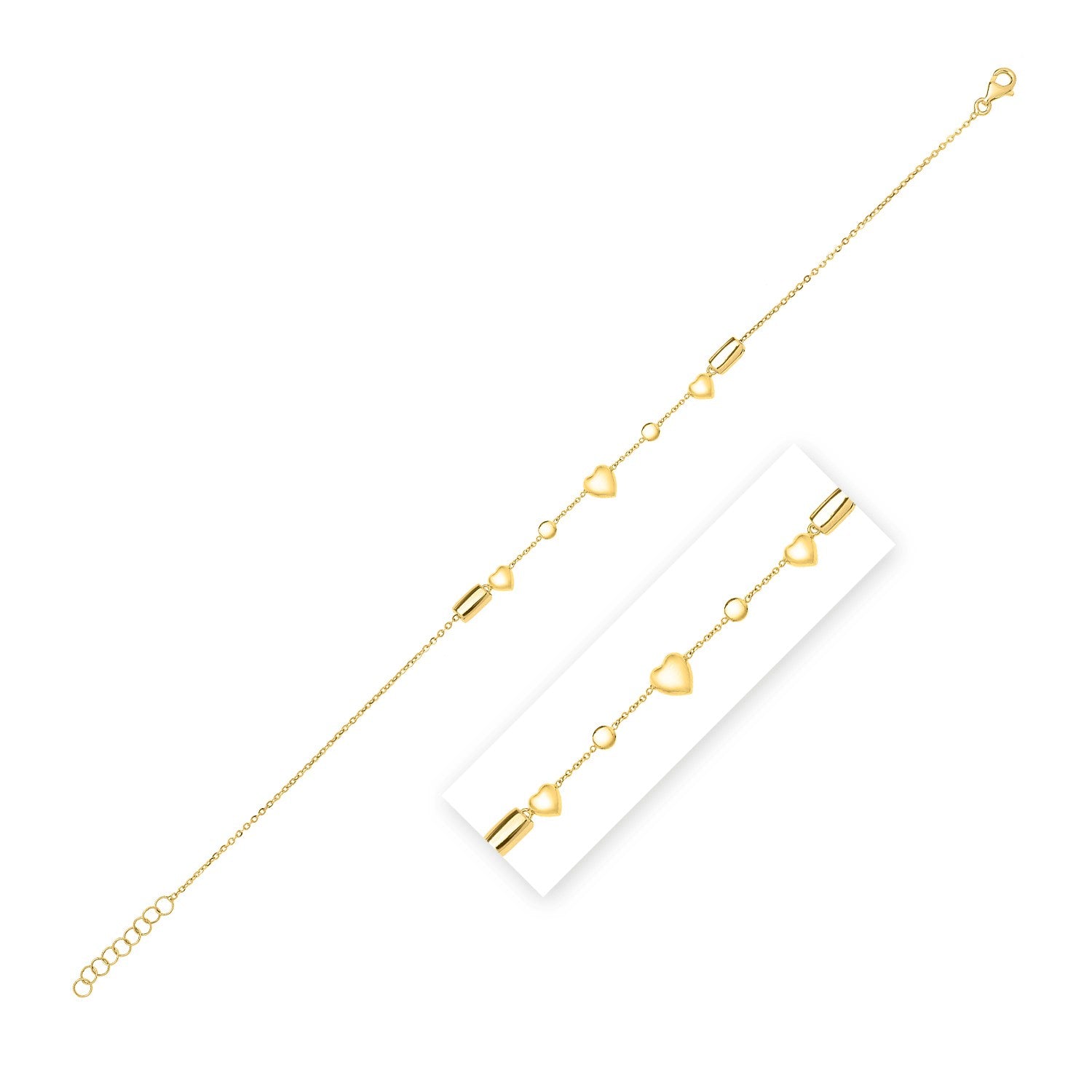 14k Yellow Gold Puff Heart Adjustable Anklet Bids.com