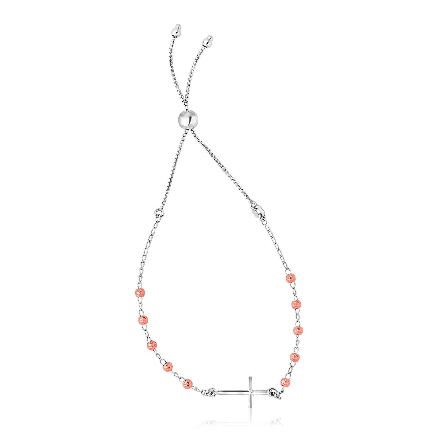Sterling Silver White and Rose Finish Adjustable Bracelet with Cross Bids.com