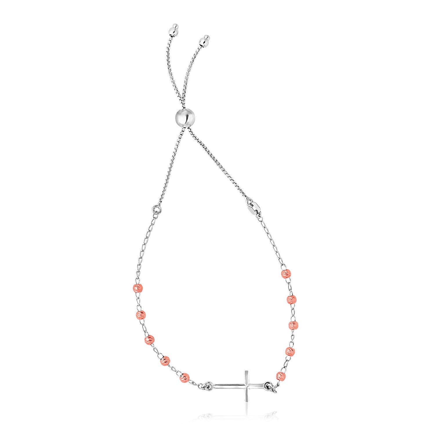 Sterling Silver White and Rose Finish Adjustable Bracelet with Cross Bids.com