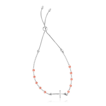 Sterling Silver White and Rose Finish Adjustable Bracelet with Cross Bids.com