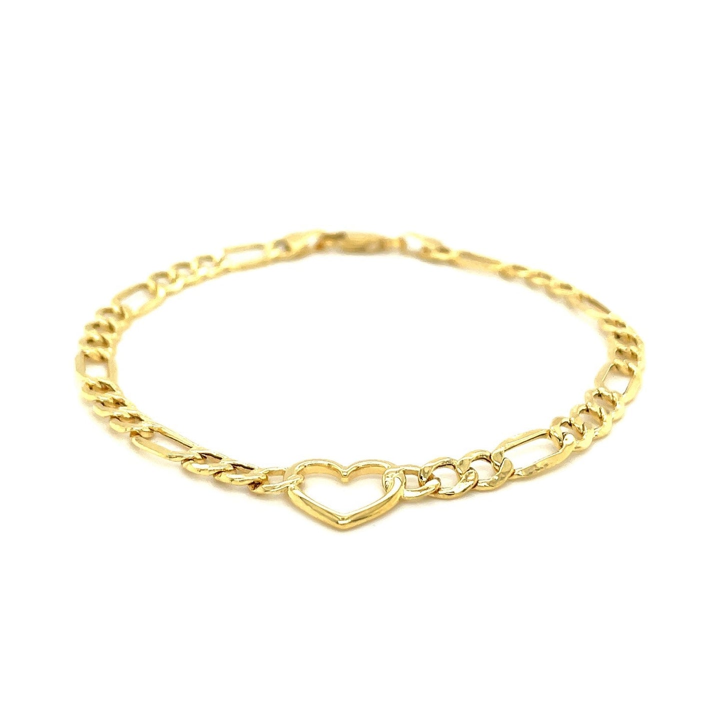 14k Yellow Gold 7 inch Figaro Chain Bracelet with Heart Bids.com