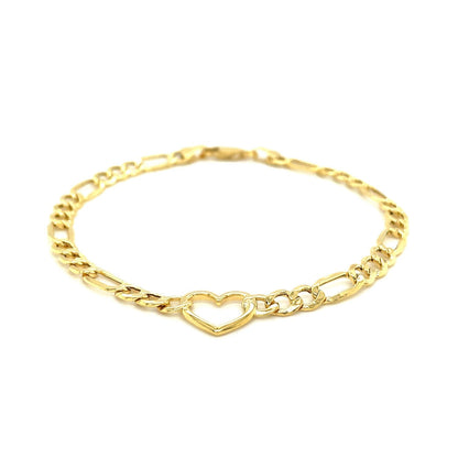 14k Yellow Gold 7 inch Figaro Chain Bracelet with Heart Bids.com