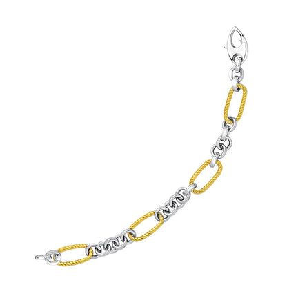 14k Two-Tone Gold Bracelet with Cable Textured Oval and Round Links Bids.com