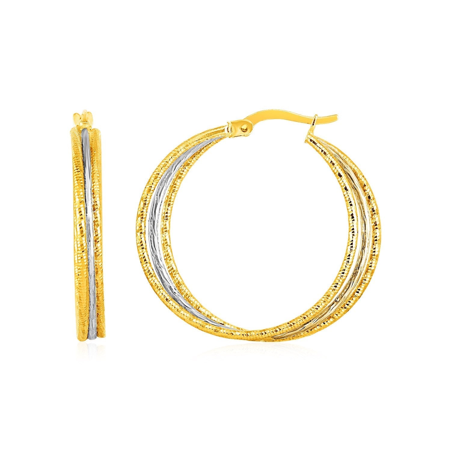 Three Part Textured Hoop Earrings in 14k Yellow and White Gold Bids.com