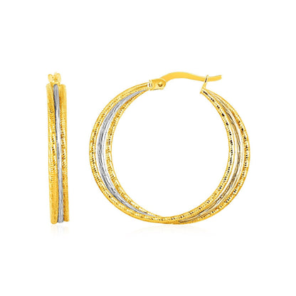 Three Part Textured Hoop Earrings in 14k Yellow and White Gold Bids.com