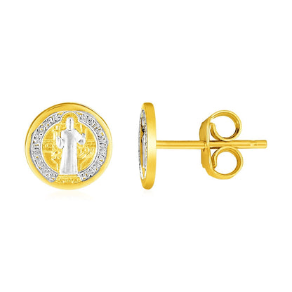 14k Two Tone Gold Round Religious Medal Post Earrings Bids.com