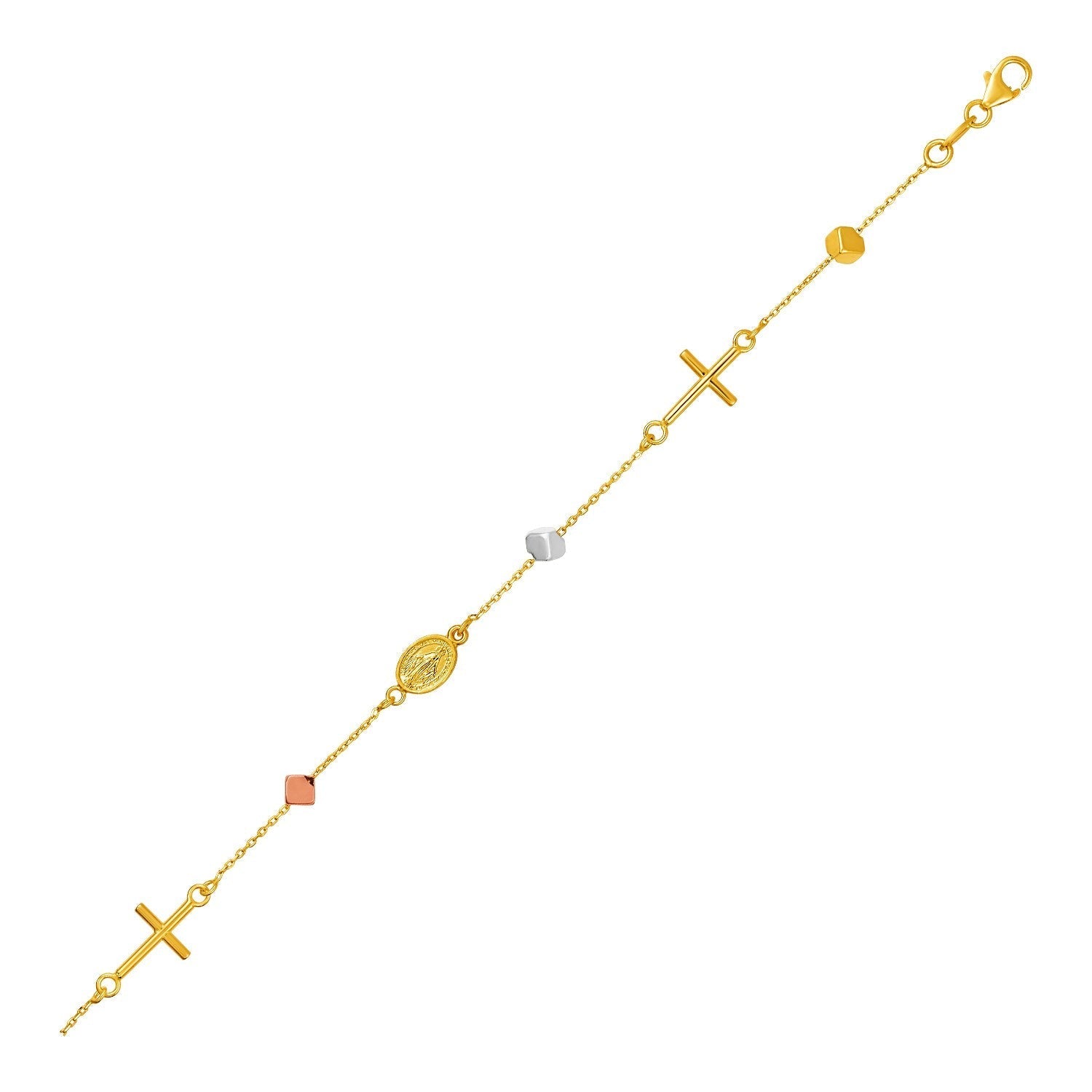 14k Tri Color Gold Bracelet with Crosses Cubes and Medallions Bids.com