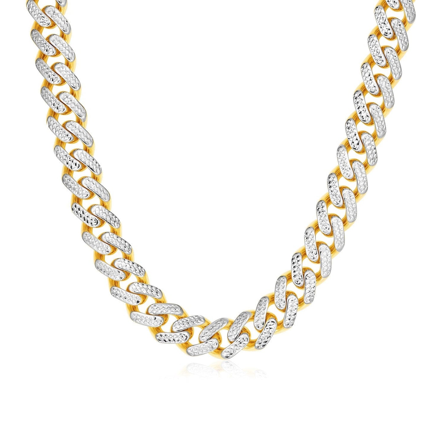14k Two Tone Gold Miami Cuban Chain Necklace with White Pave Bids.com