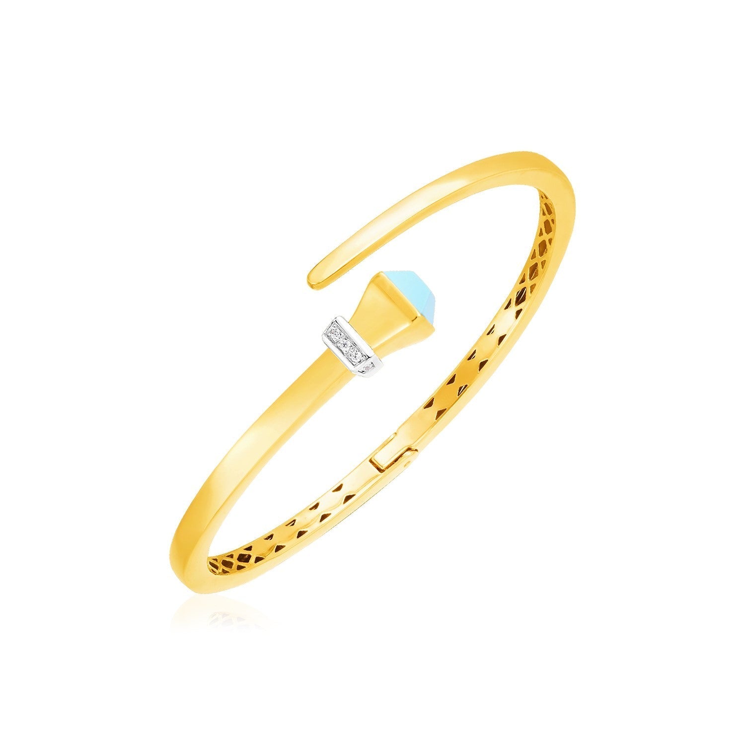 14k Yellow Gold Crossover Style Hinged Bangle Bracelet with Turquoise and Diamonds Bids.com