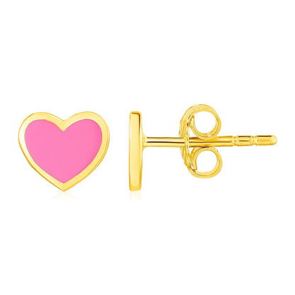 14k Yellow Gold and Enamel Pink Heart Stud Earrings Bids.com