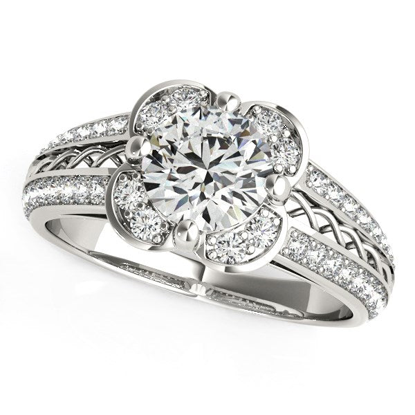Round Diamond Floral Motif Engagement Ring in 14k White Gold (1 3/8 cttw) Bids.com