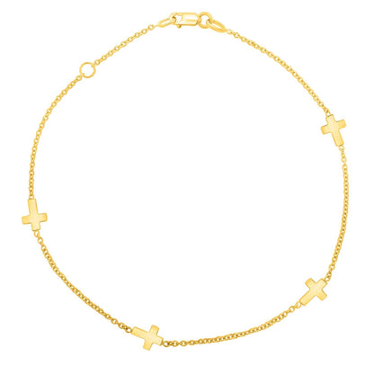14k Yellow Gold Polished Station Cross Anklet (1.00 mm) Bids.com