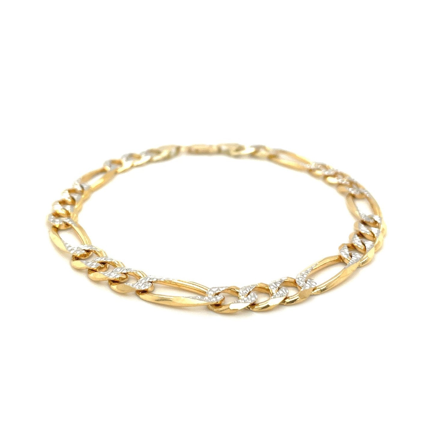 7.0mm 14K Yellow Two Tone Solid Pave Figaro Bracelet Bids.com