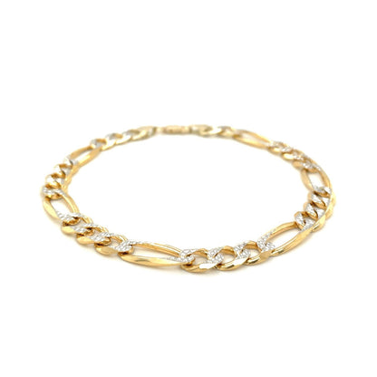 7.0mm 14K Yellow Two Tone Solid Pave Figaro Bracelet Bids.com