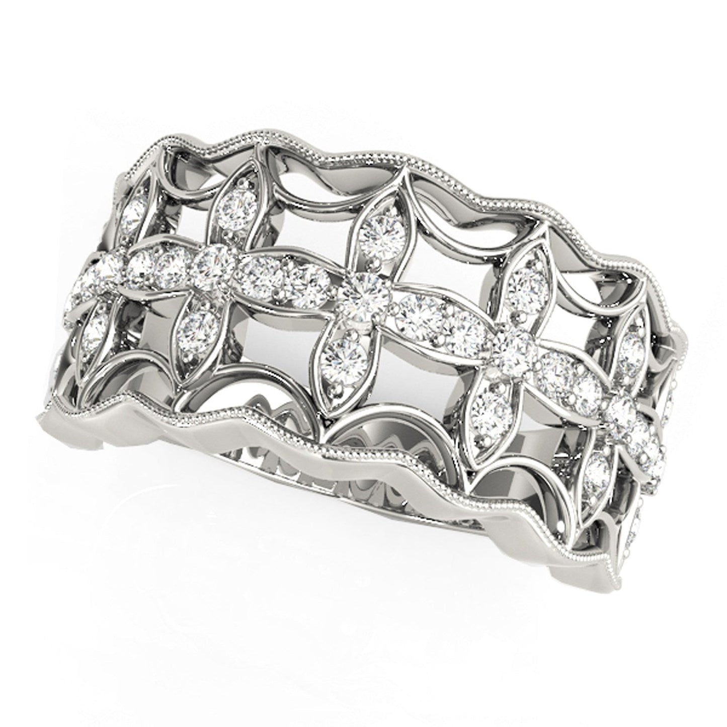Diamond Studded Four Leaf Clover Motif Ring in 14k White Gold (1/4 cttw) Bids.com