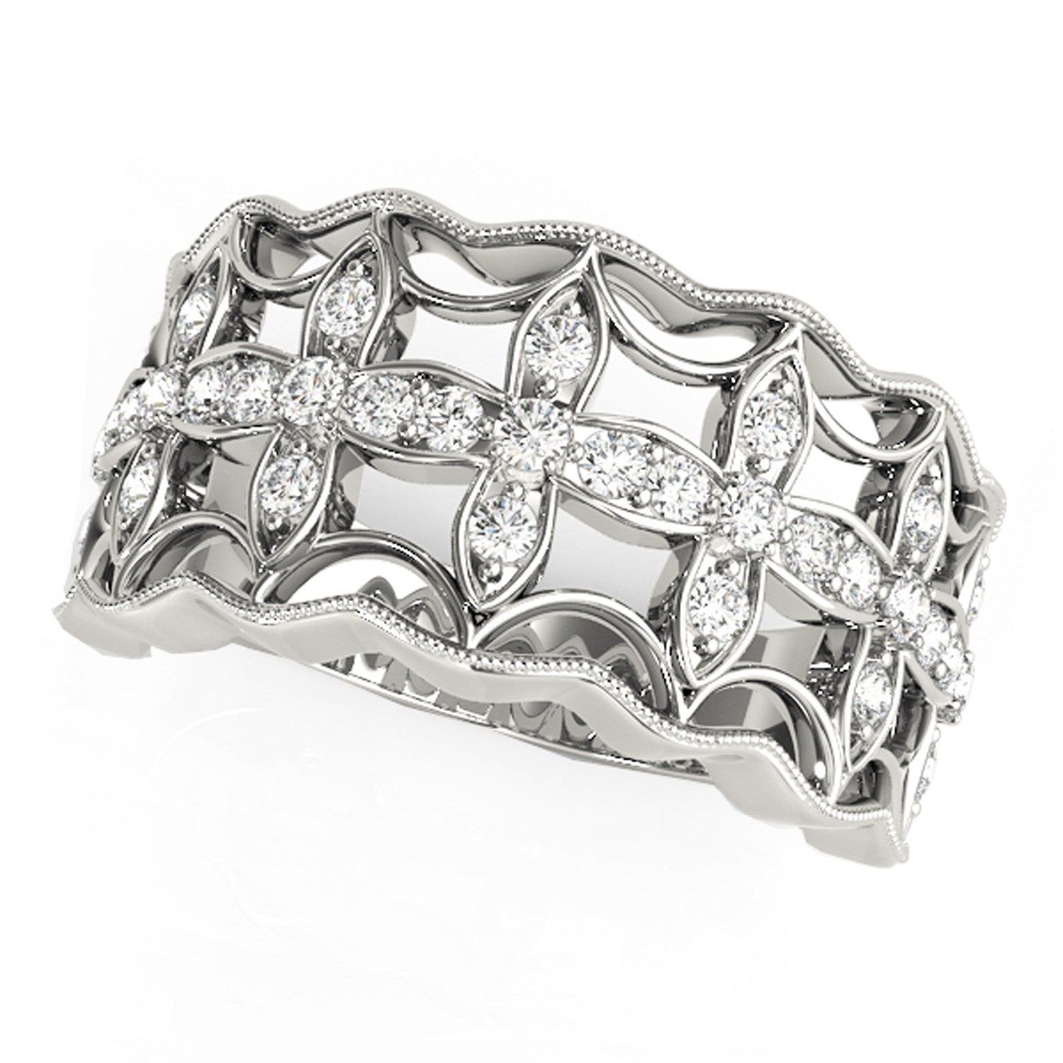 Diamond Studded Four Leaf Clover Motif Ring in 14k White Gold (1/4 cttw) Bids.com