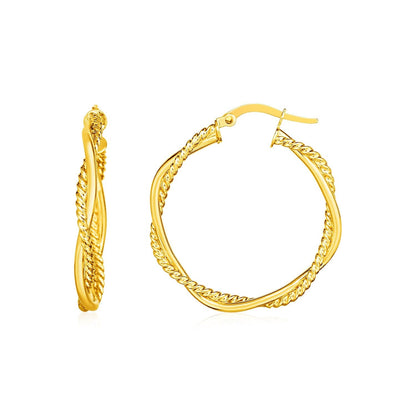 14k Yellow Gold Two Part Textured Twisted Round Hoop Earrings Bids.com
