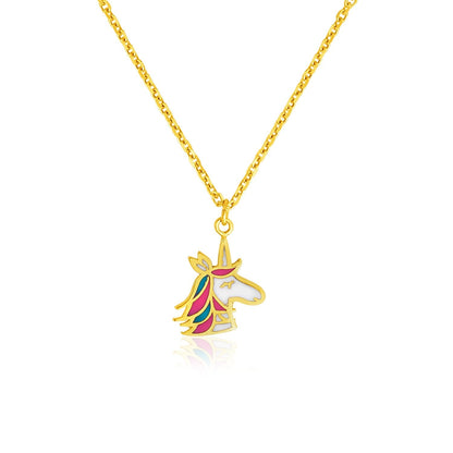 14k Yellow Gold Childrens Necklace with Enameled Unicorn Pendant Bids.com