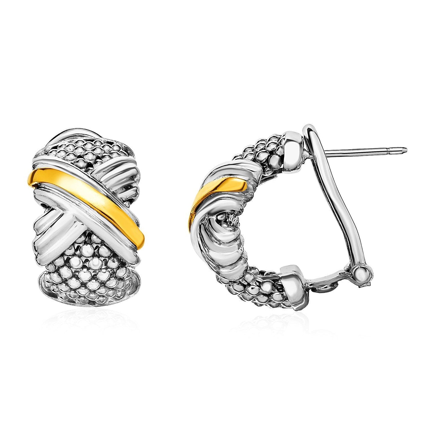 Popcorn Texture Earrings with X Motif in Sterling Silver and 18k Yellow Gold Bids.com