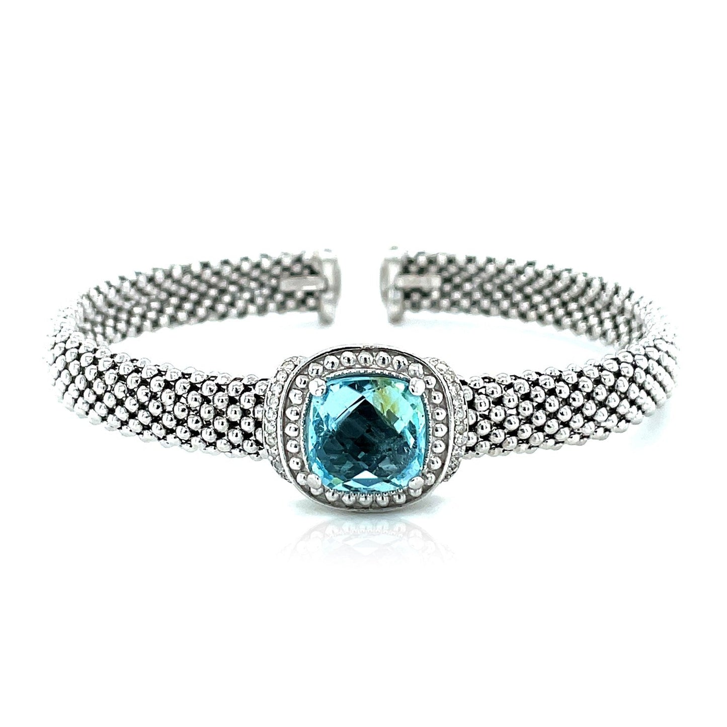 Popcorn Texture Cuff Bangle with Blue Topaz and Diamonds in Sterling Silver Bids.com