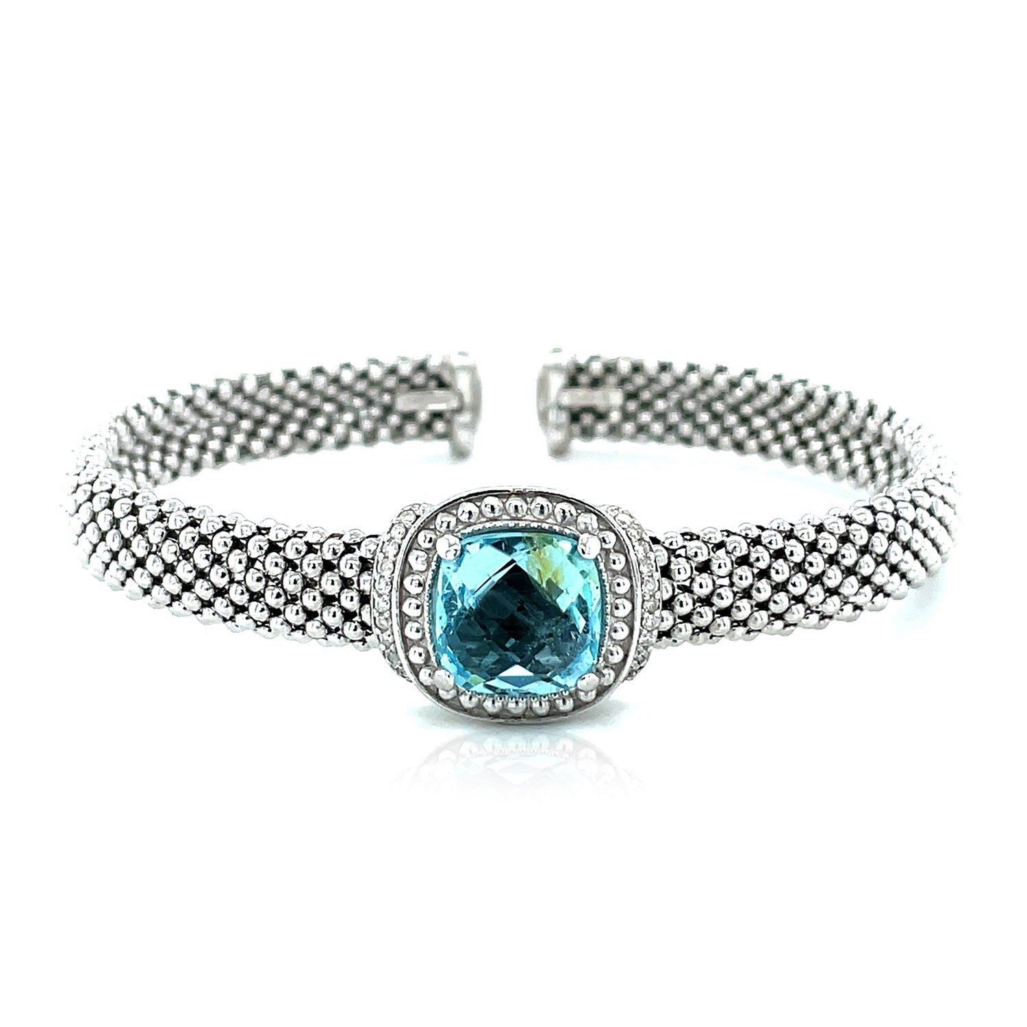 Popcorn Texture Cuff Bangle with Blue Topaz and Diamonds in Sterling Silver Bids.com