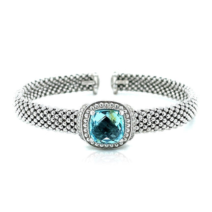 Popcorn Texture Cuff Bangle with Blue Topaz and Diamonds in Sterling Silver Bids.com