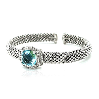 Popcorn Texture Cuff Bangle with Blue Topaz and Diamonds in Sterling Silver Bids.com