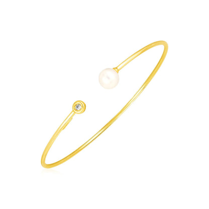 14k Yellow Gold Cuff Bangle with Pearl and Diamond Bids.com