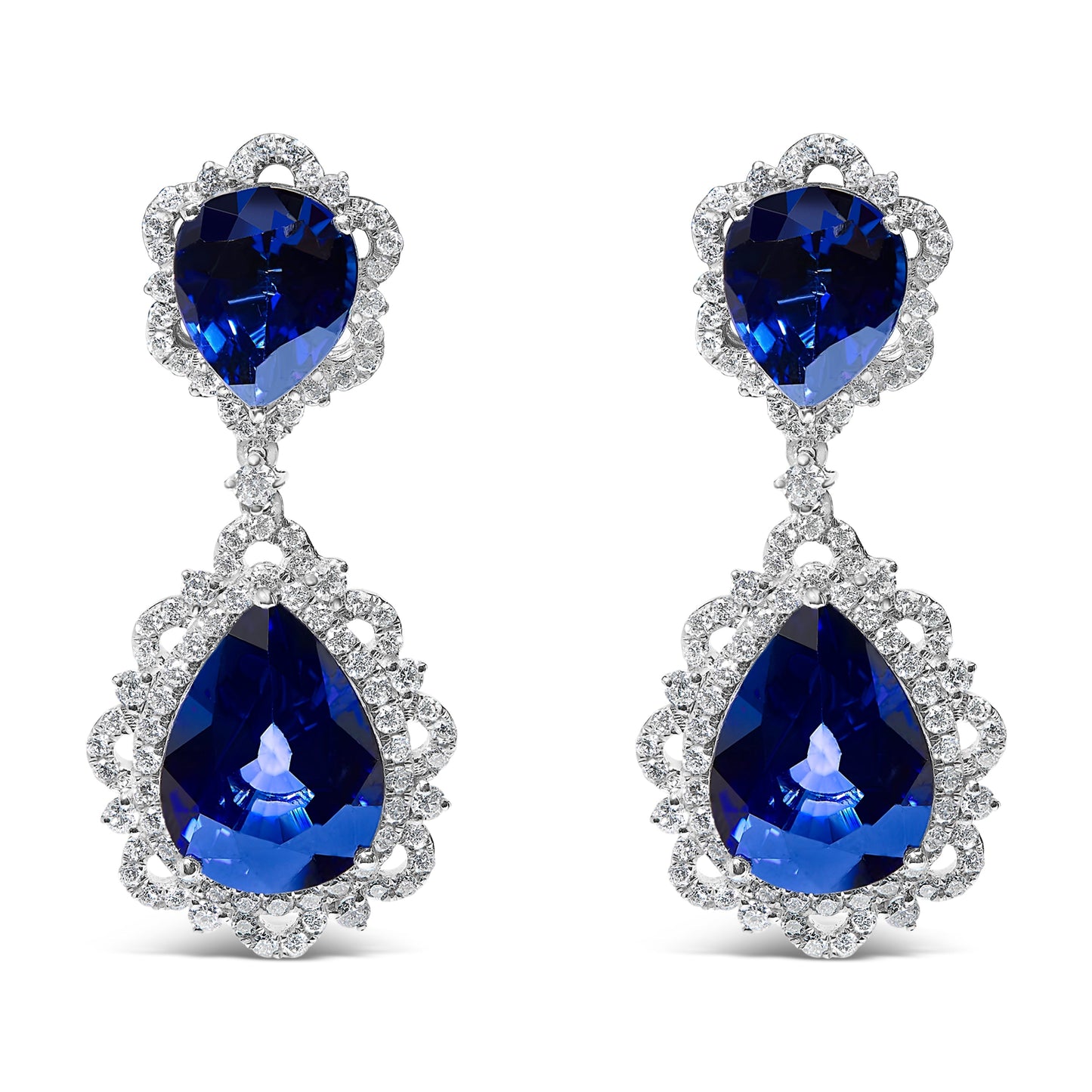 18K White Gold Blue Sapphire and Diamond 2.00 Cttw Diamond Halo Drop and Dangle Earring (G-H Color, SI1-SI2 Clarity) Bids.com