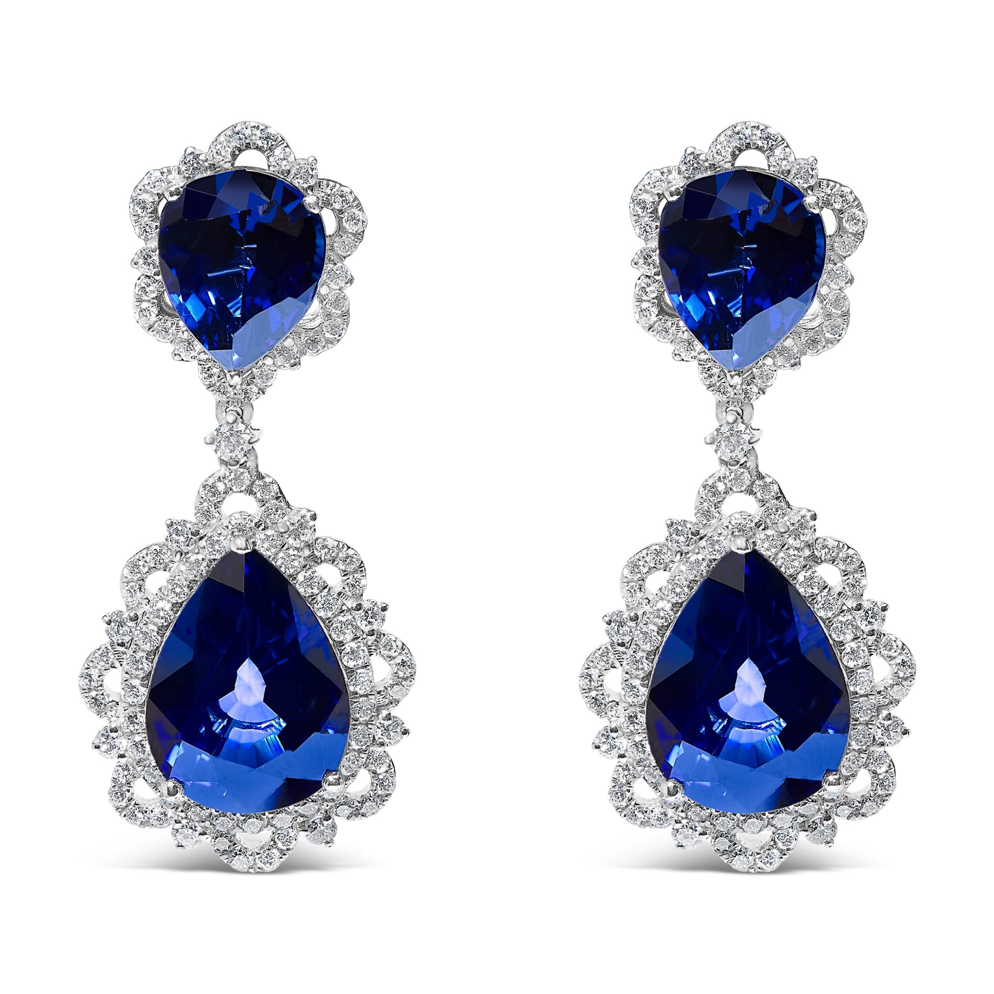 18K White Gold Blue Sapphire and Diamond 2.00 Cttw Diamond Halo Drop and Dangle Earring (G-H Color, SI1-SI2 Clarity) Bids.com