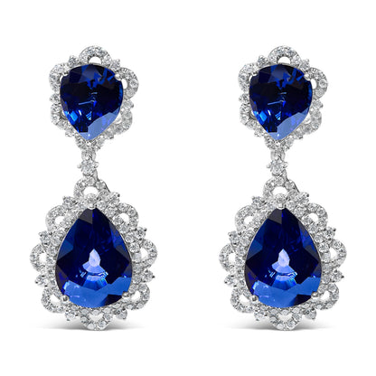 18K White Gold Blue Sapphire and Diamond 2.00 Cttw Diamond Halo Drop and Dangle Earring (G-H Color, SI1-SI2 Clarity) Bids.com