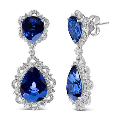 18K White Gold Blue Sapphire and Diamond 2.00 Cttw Diamond Halo Drop and Dangle Earring (G-H Color, SI1-SI2 Clarity) Bids.com