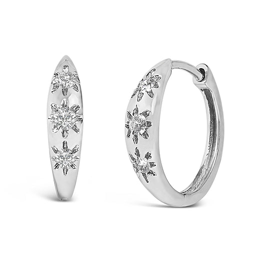 10K White Gold 1/5 Cttw Lab Grown Diamond Three Stone Huggie Hoop Earrings Bids.com