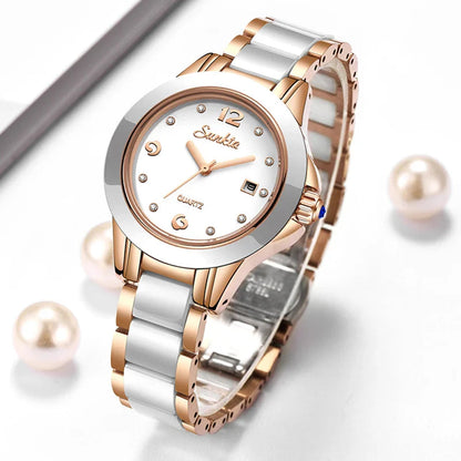 Women's Ceramic Stainless Steel Dress Watch With Date BandsCo Straps