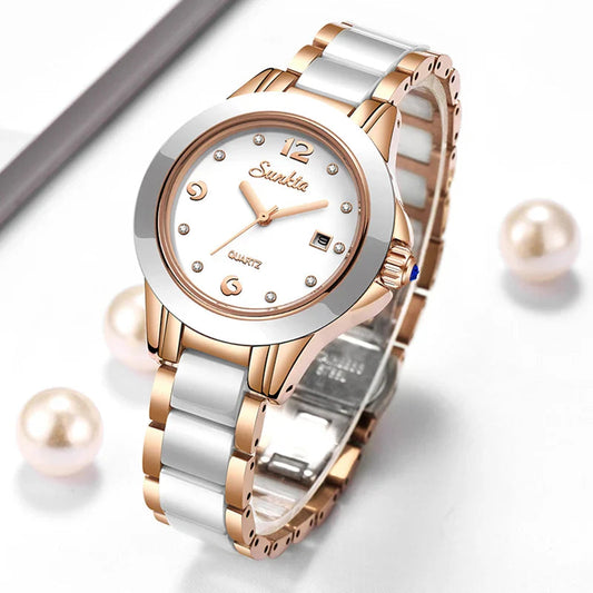Women's Ceramic Stainless Steel Dress Watch With Date BandsCo Straps