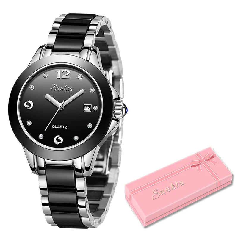 Women's Ceramic Stainless Steel Dress Watch With Date BandsCo Straps
