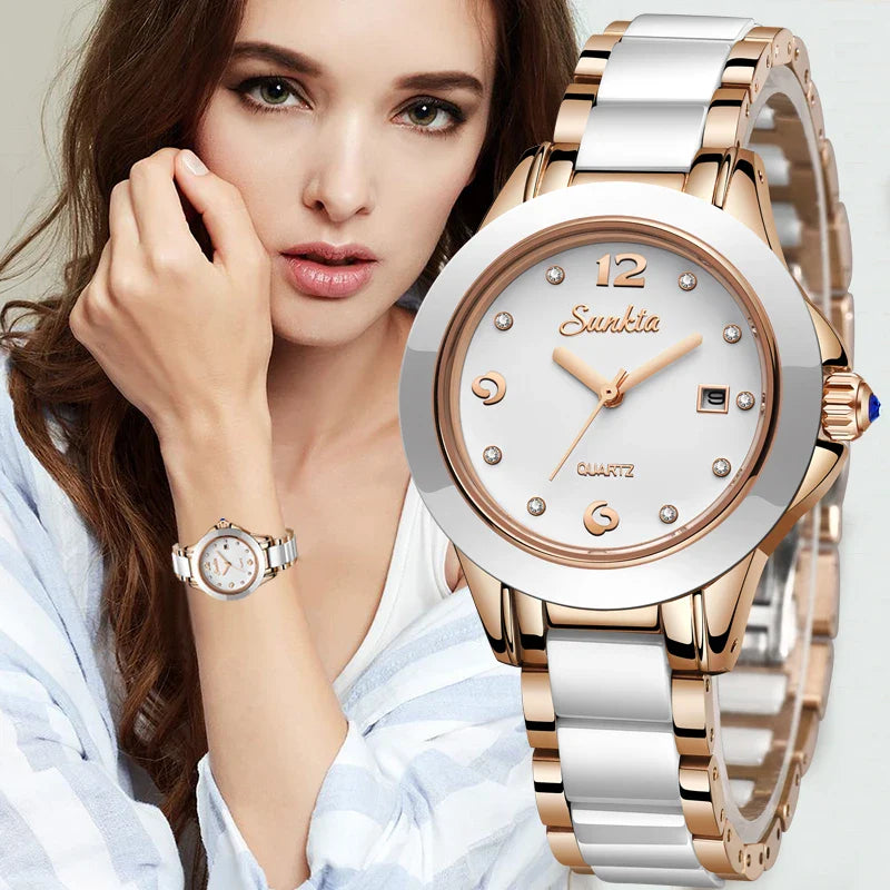 Women's Ceramic Stainless Steel Dress Watch With Date BandsCo Straps