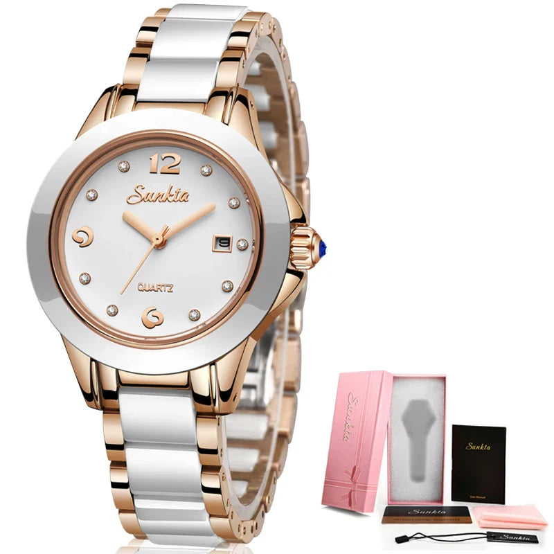 Women's Ceramic Stainless Steel Dress Watch With Date BandsCo Straps