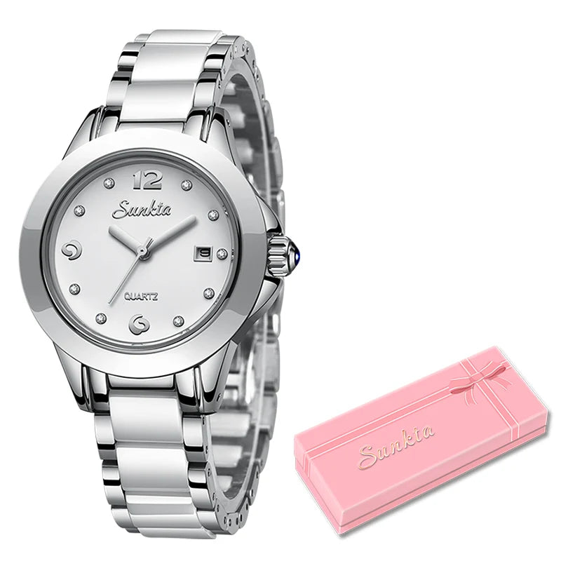 Women's Ceramic Stainless Steel Dress Watch With Date BandsCo Straps