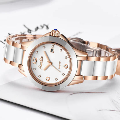 Women's Ceramic Stainless Steel Dress Watch With Date BandsCo Straps
