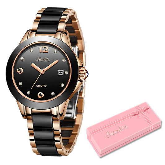 Women's Ceramic Stainless Steel Dress Watch With Date BandsCo Straps