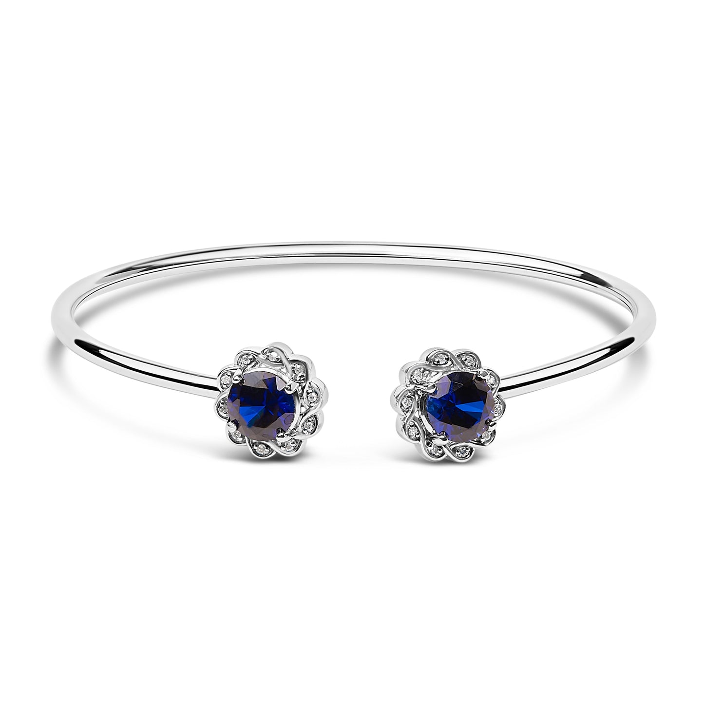 Sterling Silver Diamond Accent Created Blue Sapphire Floral Design Bangle Bracelet Bids.com