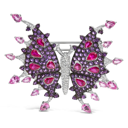 18K White Gold 1.00 Cttw Diamond, Ruby  Sapphire, and Amethyst Mixed Gemstone Butterfly Brooch Pin (G-H Color, VS1-VS2 Clarity) Bids.com