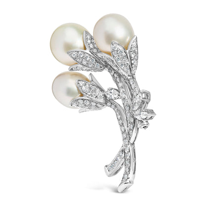 18K White Gold 2 1/5 Cttw Diamond and South Sea Pearl Floral Brooch Pin (G-H Color, VS1-VS2 Clarity) Bids.com
