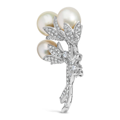 18K White Gold 2 1/5 Cttw Diamond and South Sea Pearl Floral Brooch Pin (G-H Color, VS1-VS2 Clarity) Bids.com