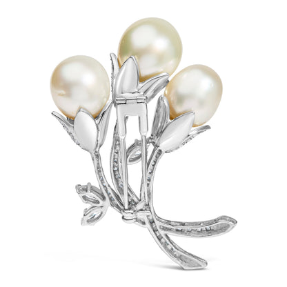 18K White Gold 2 1/5 Cttw Diamond and South Sea Pearl Floral Brooch Pin (G-H Color, VS1-VS2 Clarity) Bids.com