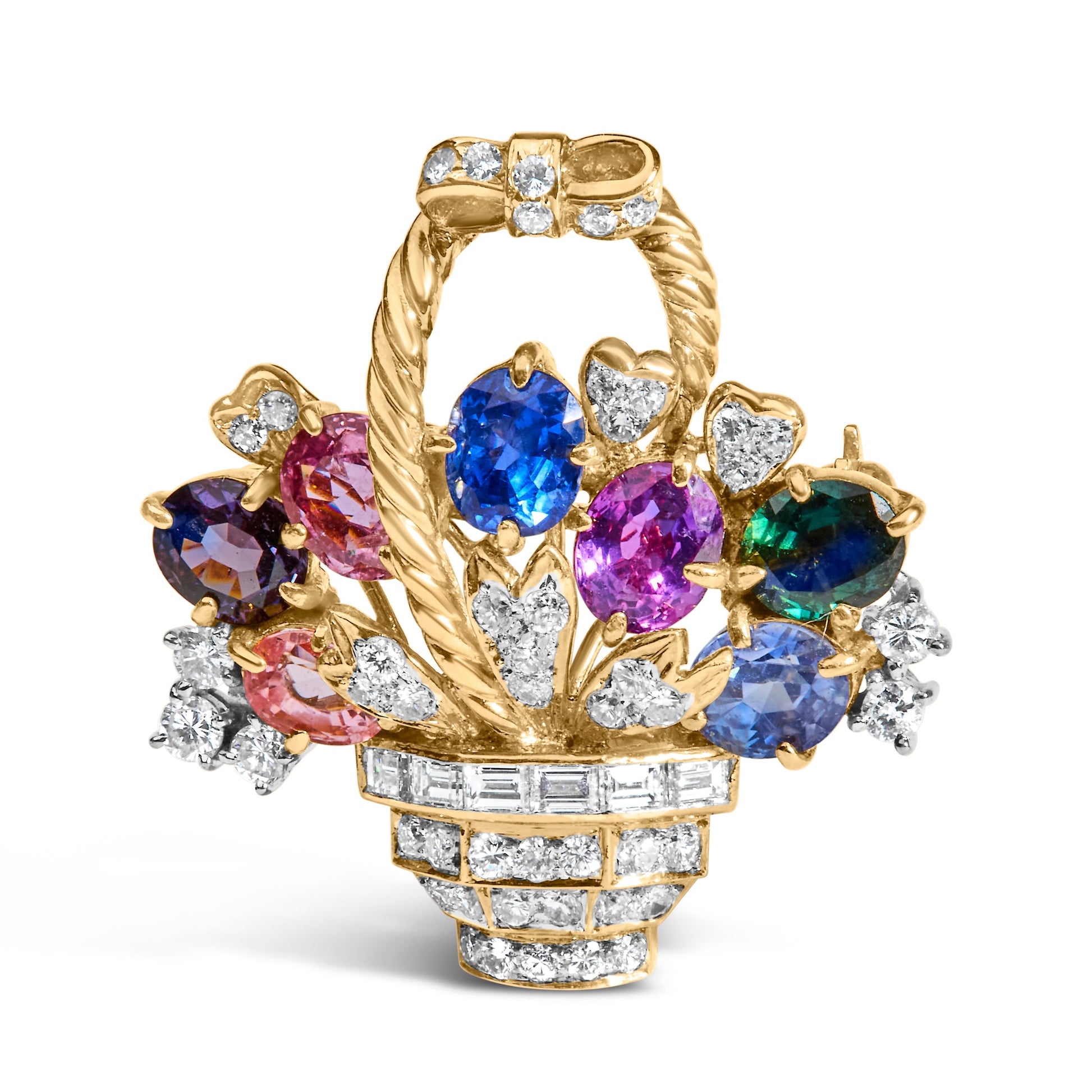 18K Yellow Gold 1 1/10 Cttw Diamond and Mixed Gemstone Floral Bouquet Pendant and Brooch Pin (G-H Color, VS1-VS2 Clarity) Bids.com
