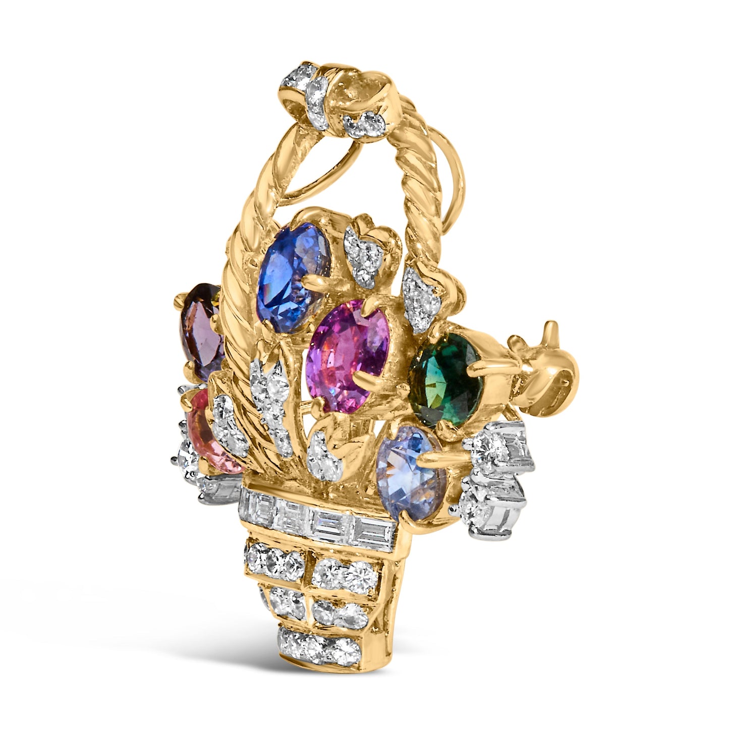 18K Yellow Gold 1 1/10 Cttw Diamond and Mixed Gemstone Floral Bouquet Pendant and Brooch Pin (G-H Color, VS1-VS2 Clarity) Bids.com