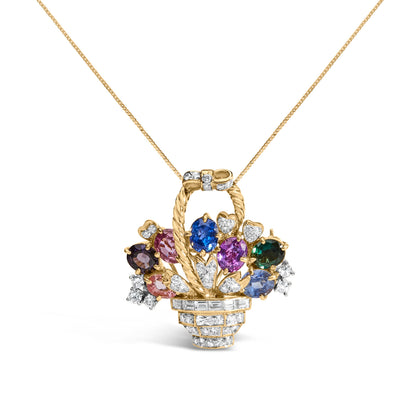 18K Yellow Gold 1 1/10 Cttw Diamond and Mixed Gemstone Floral Bouquet Pendant and Brooch Pin (G-H Color, VS1-VS2 Clarity) Bids.com